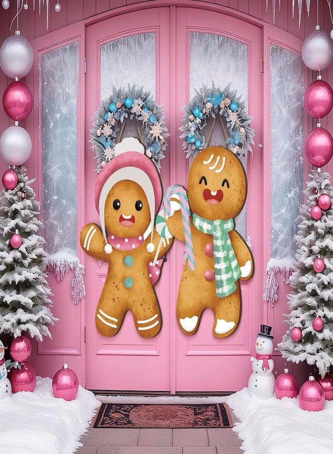 قطعتان من زينة عيد الميلاد على شكل خبز الزنجبيل بألوان الباستيل، إكليل عيد الميلاد، لافتة معلقة للباب الأمامي، لافتات ترحيب خشبية على شكل حلوى، لافتات معلقة على شكل رجل خبز الزنجبيل، زينة خبز الزنجبيل للعطلات - Image 1